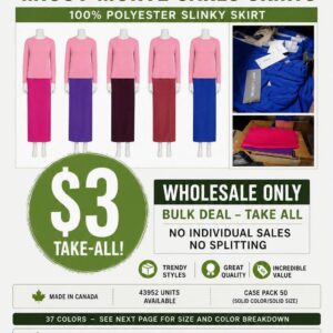 Wholesale Truckload Of 43,952 Missy Monte Carlo Slinky Skirts – Made In Canada – 37 Colors – Original Retail Up To $60.00 Each – Your Price Is Only $3.00 Each – Wholesale Only