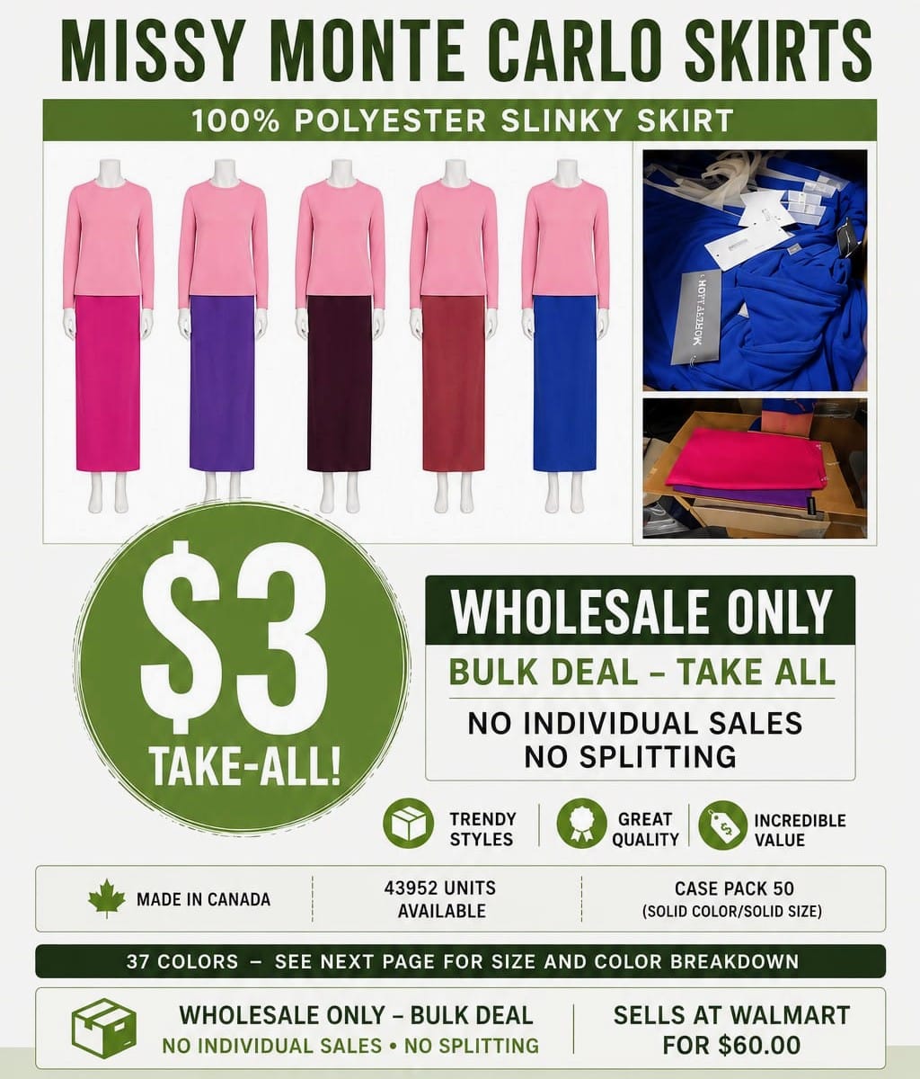 Wholesale Truckload Of 43,952 Missy Monte Carlo Slinky Skirts – Made In Canada – 37 Colors – Original Retail Up To $60.00 Each – Your Price Is Only $3.00 Each – Wholesale Only